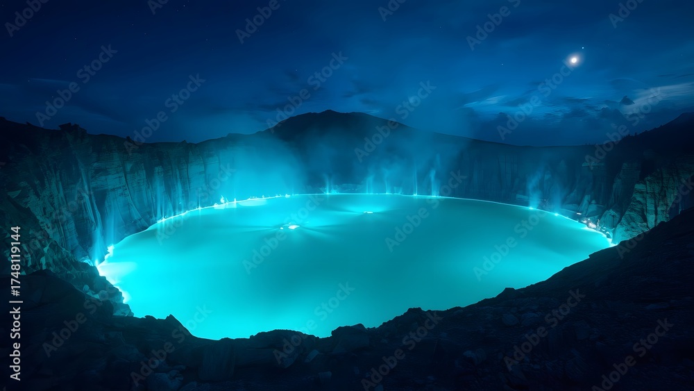 Naklejka premium Mystical illumination of Kawah Ijen volcano crater lake at night time scene