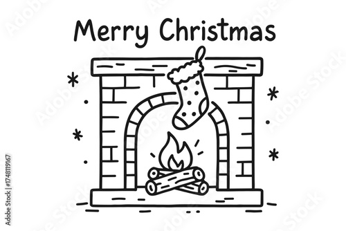 Cozy christmas fireplace with stocking and logs in simple line art