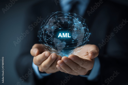 Digital globe in hands symbolizes global security and anti-money laundering efforts in today's interconnected world. © Starmarpro