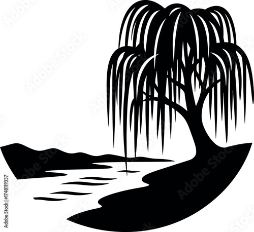Weeping willow tree by river silhouette illustration