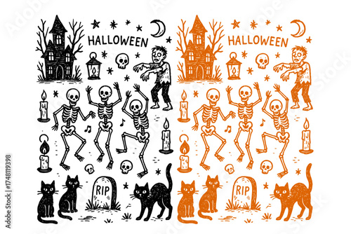 Halloween spooky scene with skeletons, zombies, cats, and haunted house in vintage style
