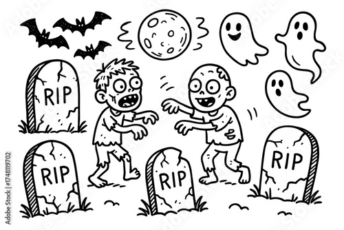 Cartoon spooky halloween scene with zombies, bats, and ghosts in cemetery