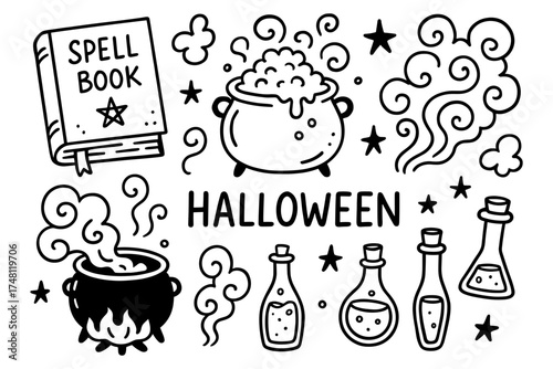 Halloween doodle art with cauldrons, potions, and spell book elements