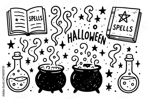 Halloween doodles with cauldrons and spooky spell books