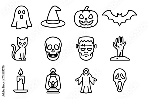 Spooky halloween icon set featuring ghosts, pumpkins, and more in linear design