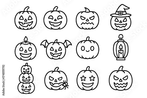 Halloween pumpkin faces collection in linear style for seasonal decor and fun