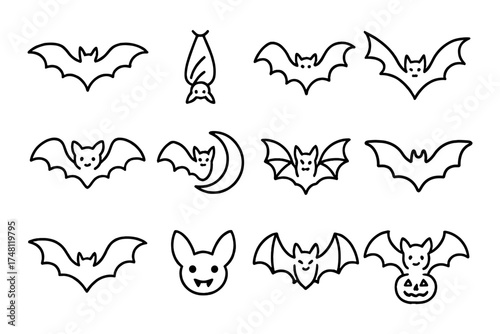 Halloween bat icons collection: spooky linear bat designs