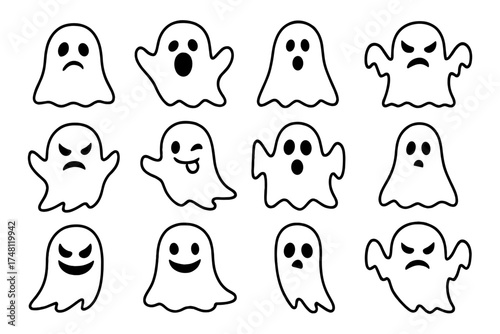 Set of cute ghost characters in simple cartoon style