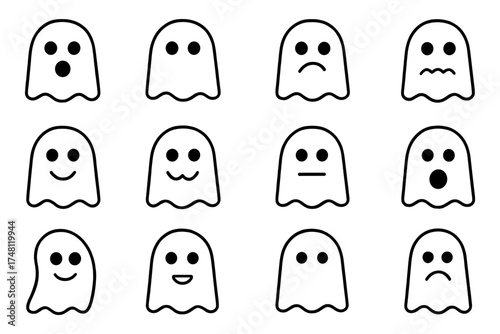 Cute ghost faces set in minimalist style with different expressions
