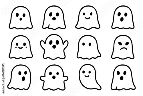 Cute cartoon ghosts with various facial expressions in simple line art style
