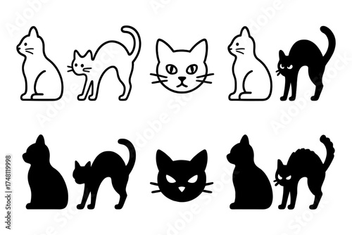 Minimalist cat silhouettes and outlines in black and white for pet-themed designs