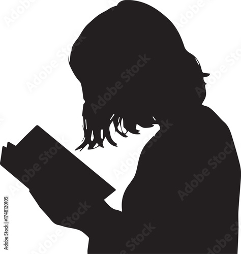 A clean vector illustration showing the simple silhouette of a woman or girl absorbed in reading a book, representing knowledge and literature