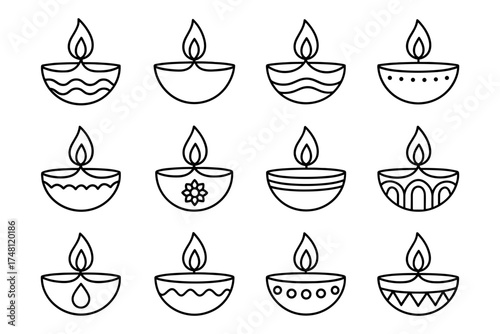 Set of 12 decorative line art candle designs for celebration and decor