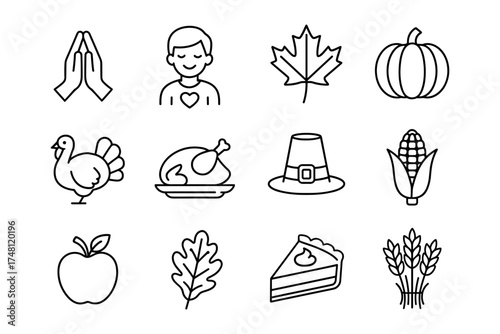 Thanksgiving line icons: autumn symbols and traditions in simple black outline