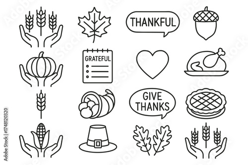 Thanksgiving icons: harvest, gratitude, and autumn celebrations in linear style