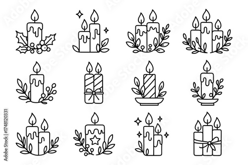 Festive candle line art collection with decorative elements