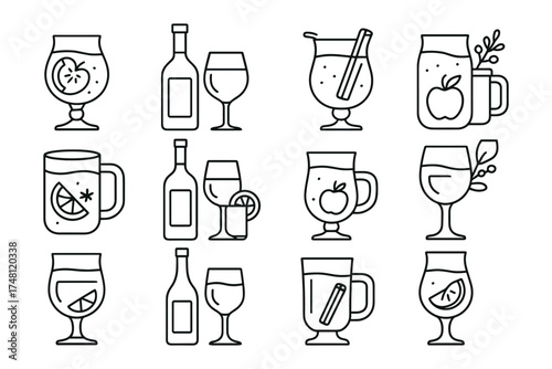 Outline style icons of beverage glassware with fruit garnishes
