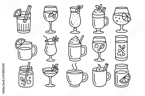 Elegant line art of various beverage glasses featuring cocktails coffee and tea