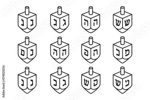 Set of isometric dreidels featuring hebrew letters for hanukkah