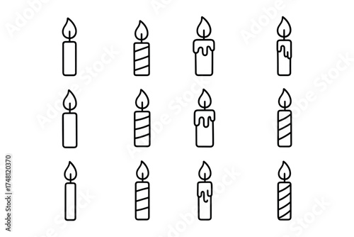 Seamless pattern of linear birthday candles with flames dripping wax and stripes