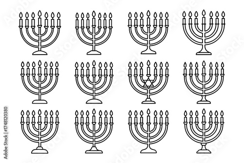 Linear menorah icons - set of twelve hanukkah candle holders