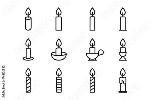 Minimalist candle icons collection with different holders and styles