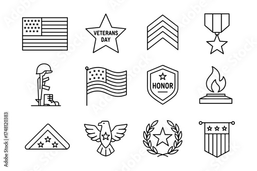 Veterans day linear icons set: symbols of honor, service, and patriotism