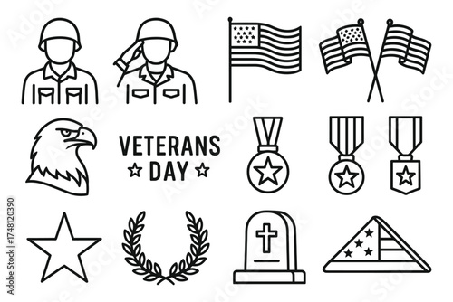 Veterans day icon set featuring soldiers, medals, flags, and symbols in linear style