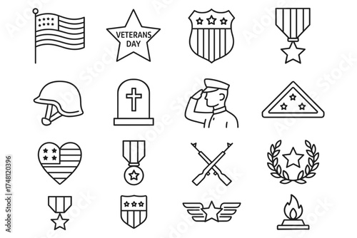 Veterans day icons: patriotic symbols and military tribute in linear style