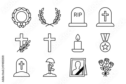 Minimalist funeral symbols set with tombstones, crosses, and memorial icons