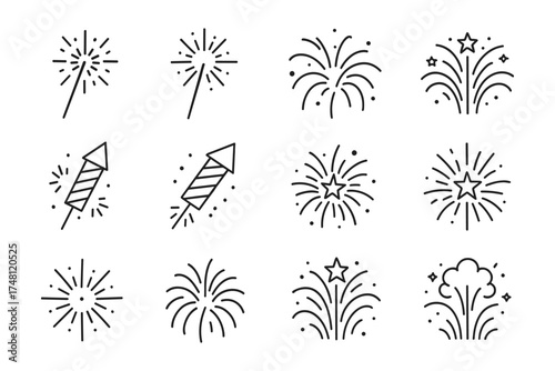 Minimal line art fireworks collection featuring various explosive designs