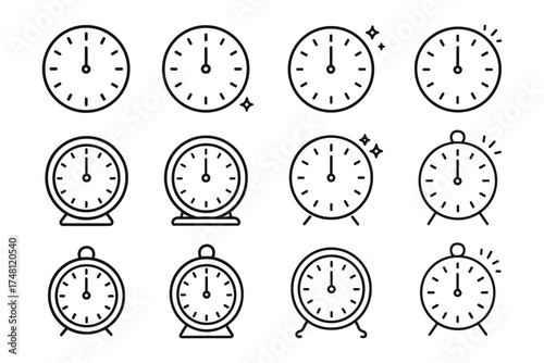 Minimalist clock icon set with various alarm styles and time indications