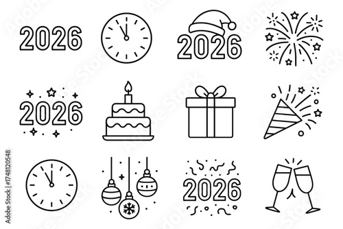 Festive 2026 line art icons: celebration, clocks, fireworks, gifts, and more