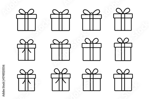 Seamless pattern of gift boxes in black linear style for festive designs