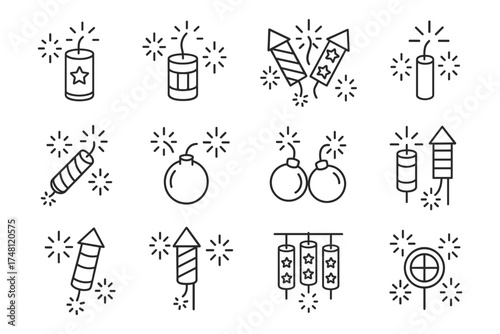 Festive fireworks icons collection in linear style with sparkling effects