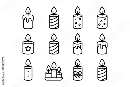Set of decorative candle designs in simple linear style