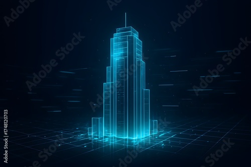 Stylized high-rise rendered in radiant blue lines—evoking smart cities, virtual architecture, and advanced urban planning in a sleek tech aesthetic.