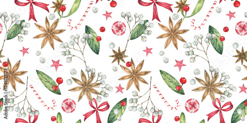 Christmas holiday seamless pattern with berries, candy canes, ribbons, stars, and anise in watercolor on white background. Festive winter illustration for wrapping paper, textile and holiday decor.