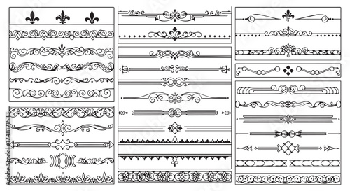 Extensive collection of decorative borders, dividers, and ornamental elements, isolated on transparent background