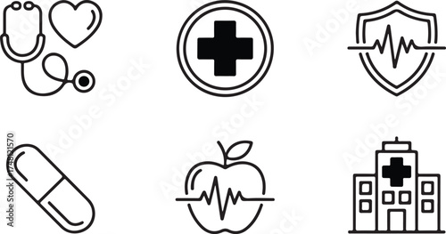 Healthcare and Wellness Icons Representing Medical Services and Healthy Lifestyle Choices