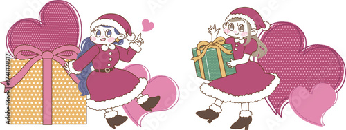 サンタクロースの衣装を着てプレゼントを持った2人の女の子のイラスト