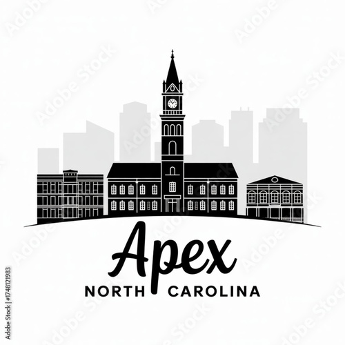‎Apex Skyline Silhouette — Historic Downtown North Carolina City Vector Illustration