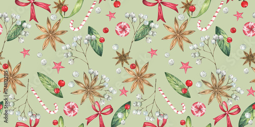 Festive Christmas pattern with ribbons, anise stars, and berries on green background in watercolor style for holiday-themed designs. Hand drawn background for wrapping paper, textile and packaging.