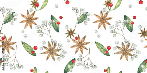 Festive spiced winter seamless pattern with anise stars, berries, and leaves in watercolor style for Christmas and holiday decor. Hand drawn background for wrapping paper, textile and packaging.