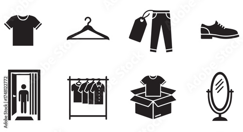 A collection of eight icons representing clothing and shopping, isolated on transparent background