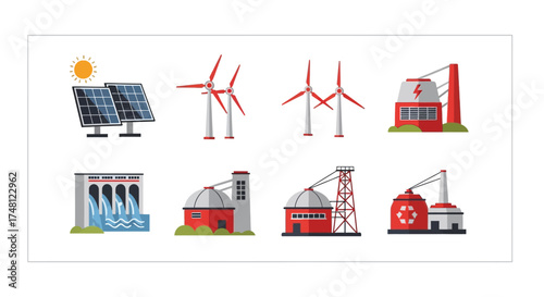Renewable energy sources and industrial power generation facilities illustration