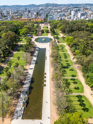 Aerial view of Redemption Park with lakes, trees and gardens