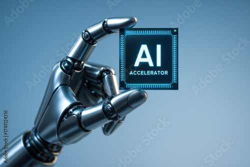 Innovative Robotic Hand Holding AI Accelerator Chip Symbolizing Advances in Technology and Artificial Intelligence Development for Future Applications
