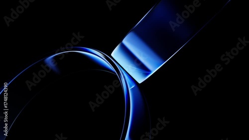 Glass glossy rings rotating in 3d space. Bright blue circles motion. Simple geometric texture for technology presentation creative concept. Seamless loop.