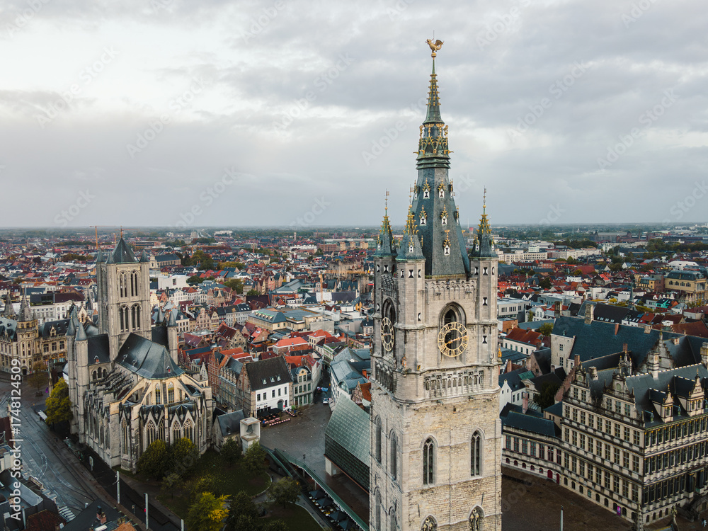 Fototapeta premium Aerial Panorama of Ghent Belfry and Towers